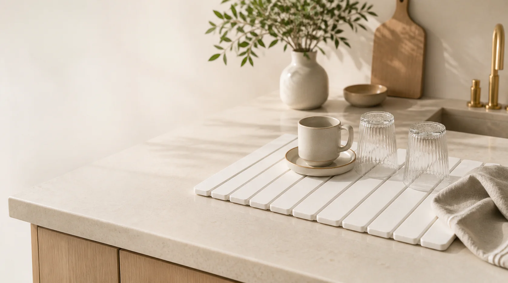 An MT Living stone drying mat in use on a kitchen counter